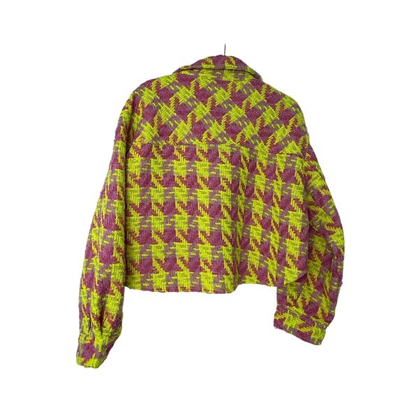 Main Strip Tweed Jacket Women S Neon Yellow Pink Houndstooth Cropped Maximalist - Picture 3 of 10
